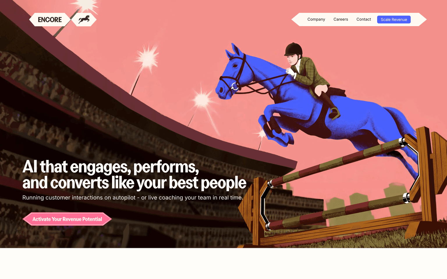Encore AI landing page describing AI agents that generate revenue across voice, chat, and IVR interactions
