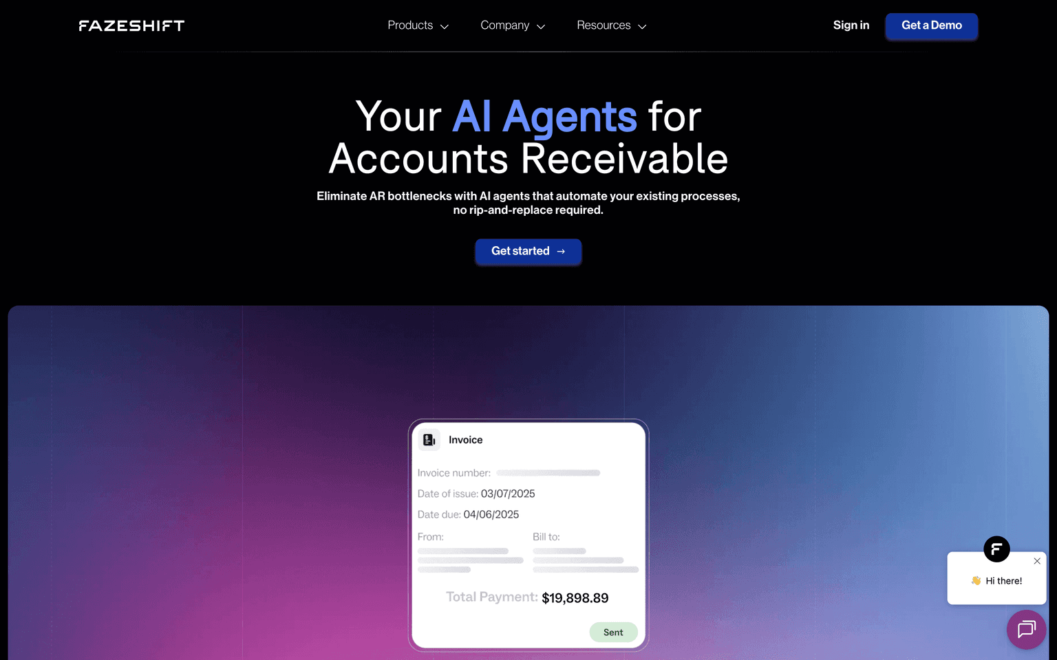 Fazeshift landing page describing AI agents that automate accounts receivable on top of existing ERPs