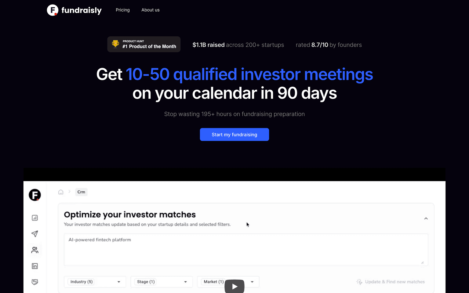 Fundraisly landing page describing AI-driven investor matching and booked fundraising meetings for founders