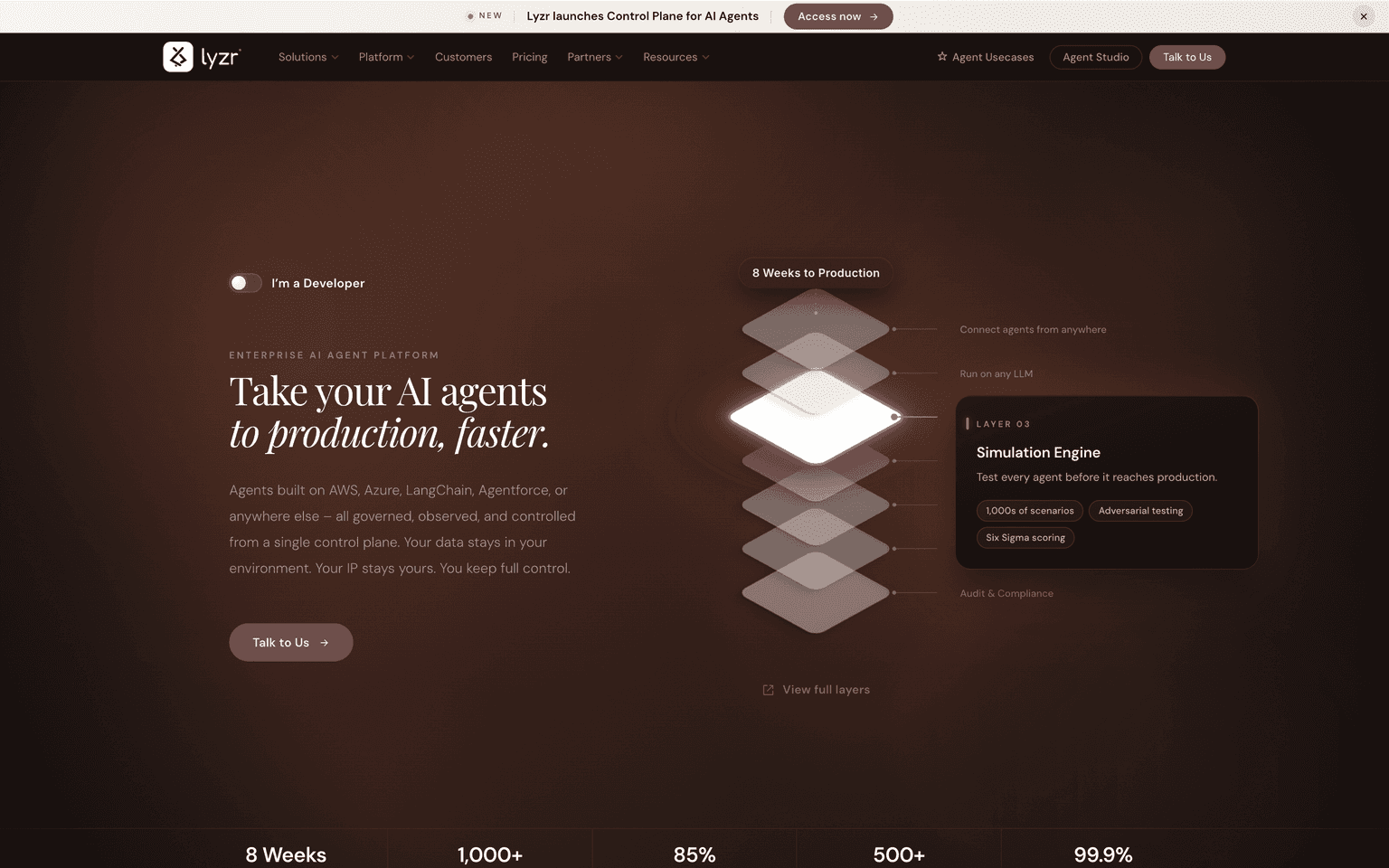 Lyzr landing page describing a control plane to build, govern, and deploy production AI agents