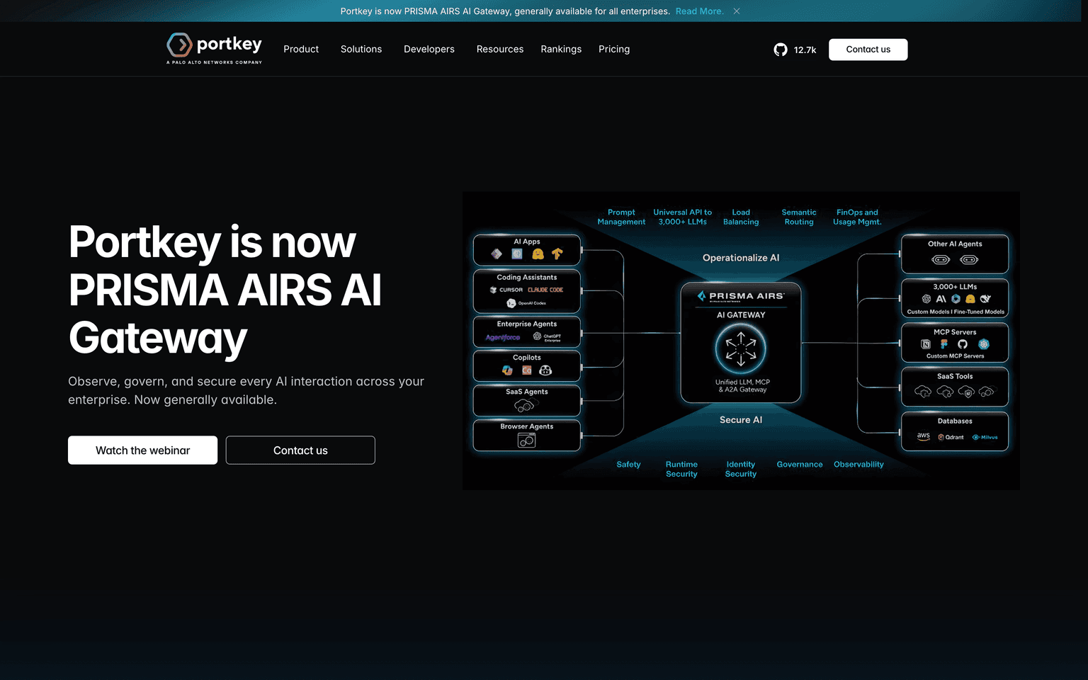 Portkey landing page describing a unified AI gateway routing and observing LLM traffic across many models
