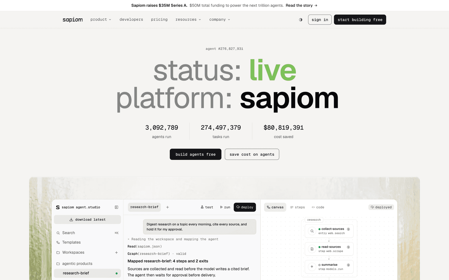 Sapiom landing page describing an OpenAI-compatible router that sends each call to the most efficient model