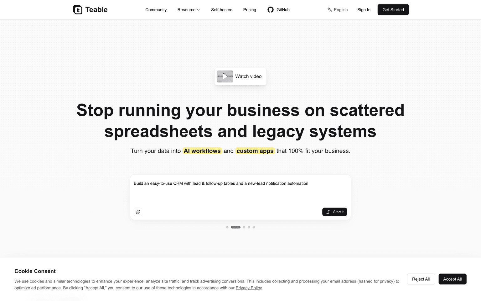 Teable landing page describing an AI-native no-code database and spreadsheet built on PostgreSQL
