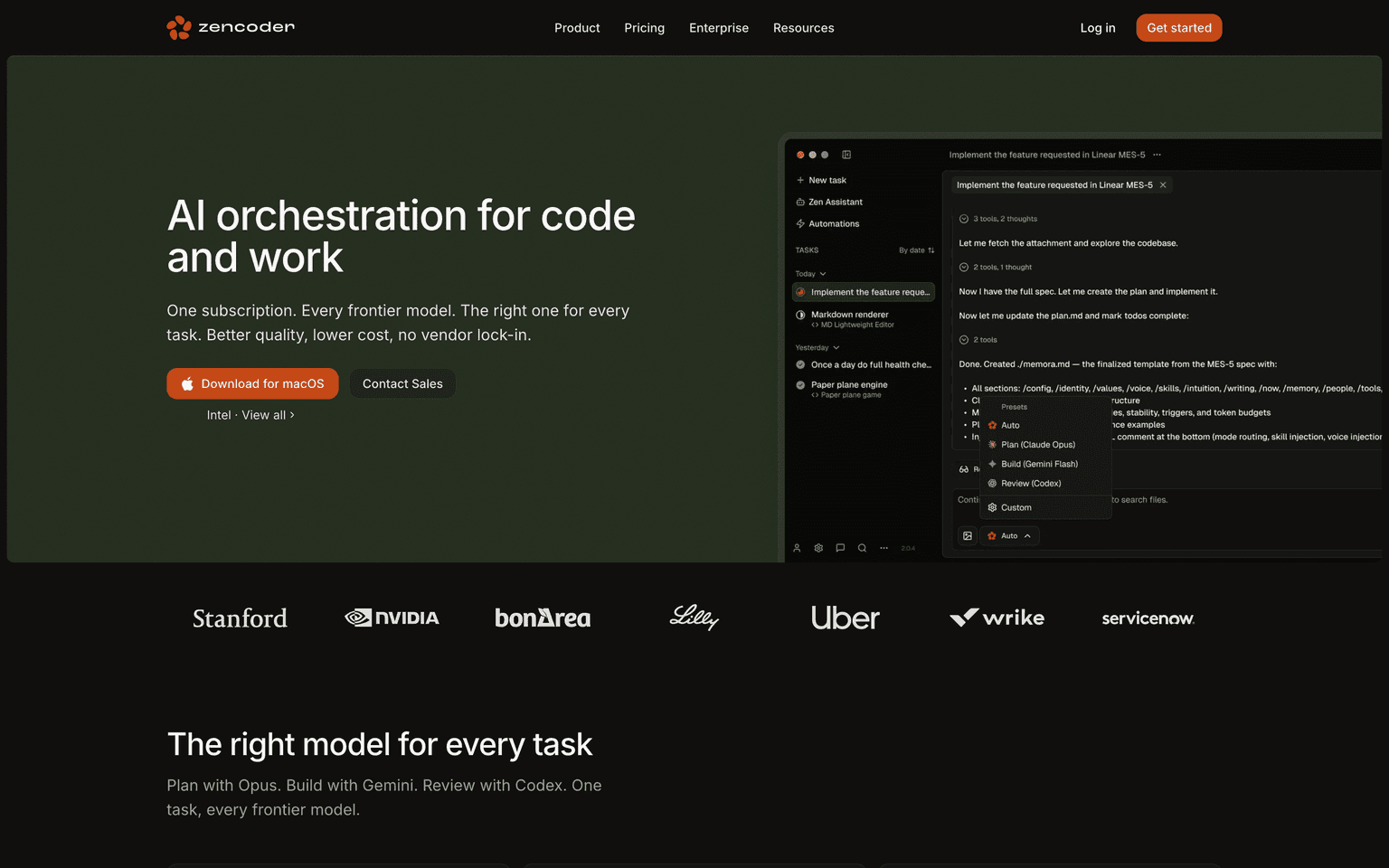 Zencoder landing page describing an agentic coding platform that plans, writes, tests, and reviews code