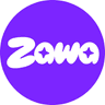 Zawa logo, white bubble lettering with sparkles inside a purple circle