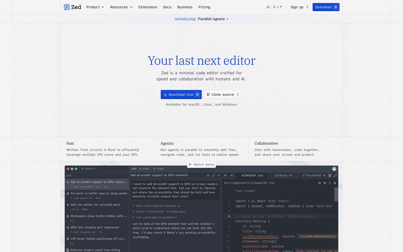 Zed product homepage screenshot showing the interface and branding
