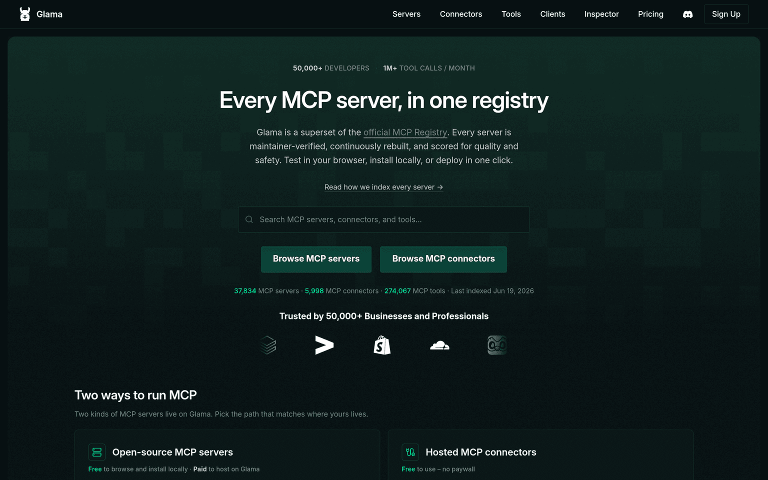 Glama website homepage screenshot showing the product