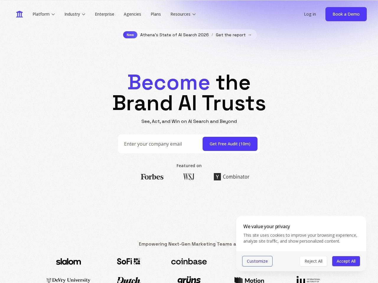 AthenaHQ website homepage screenshot showing the product