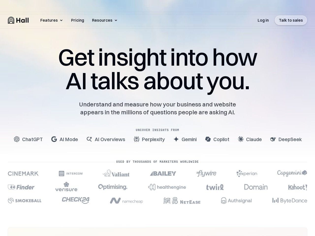 Hall website homepage screenshot showing the product