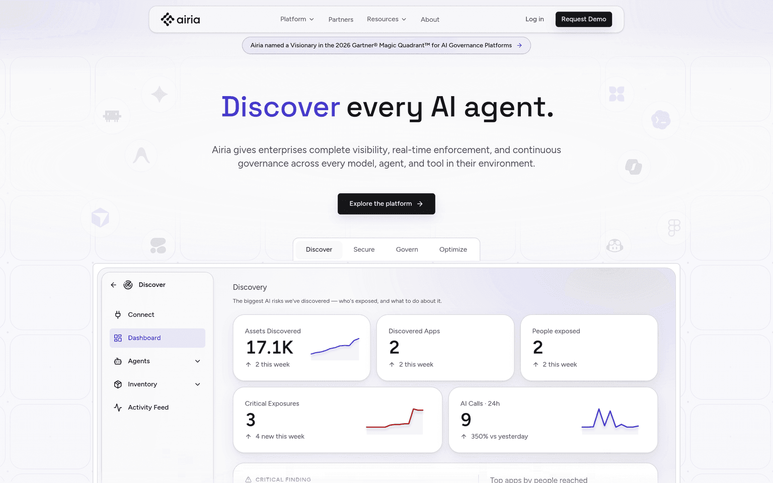 Airia product interface dashboard screenshot homepage view