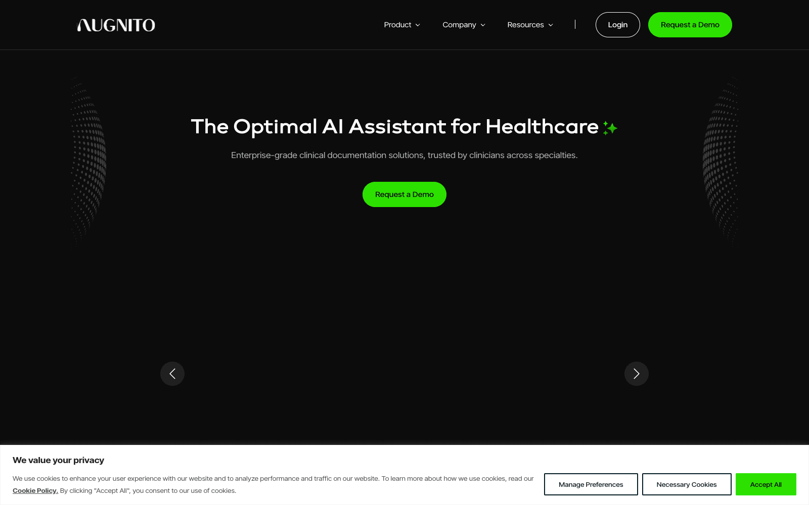 Augnito homepage screenshot showing the product interface and branding