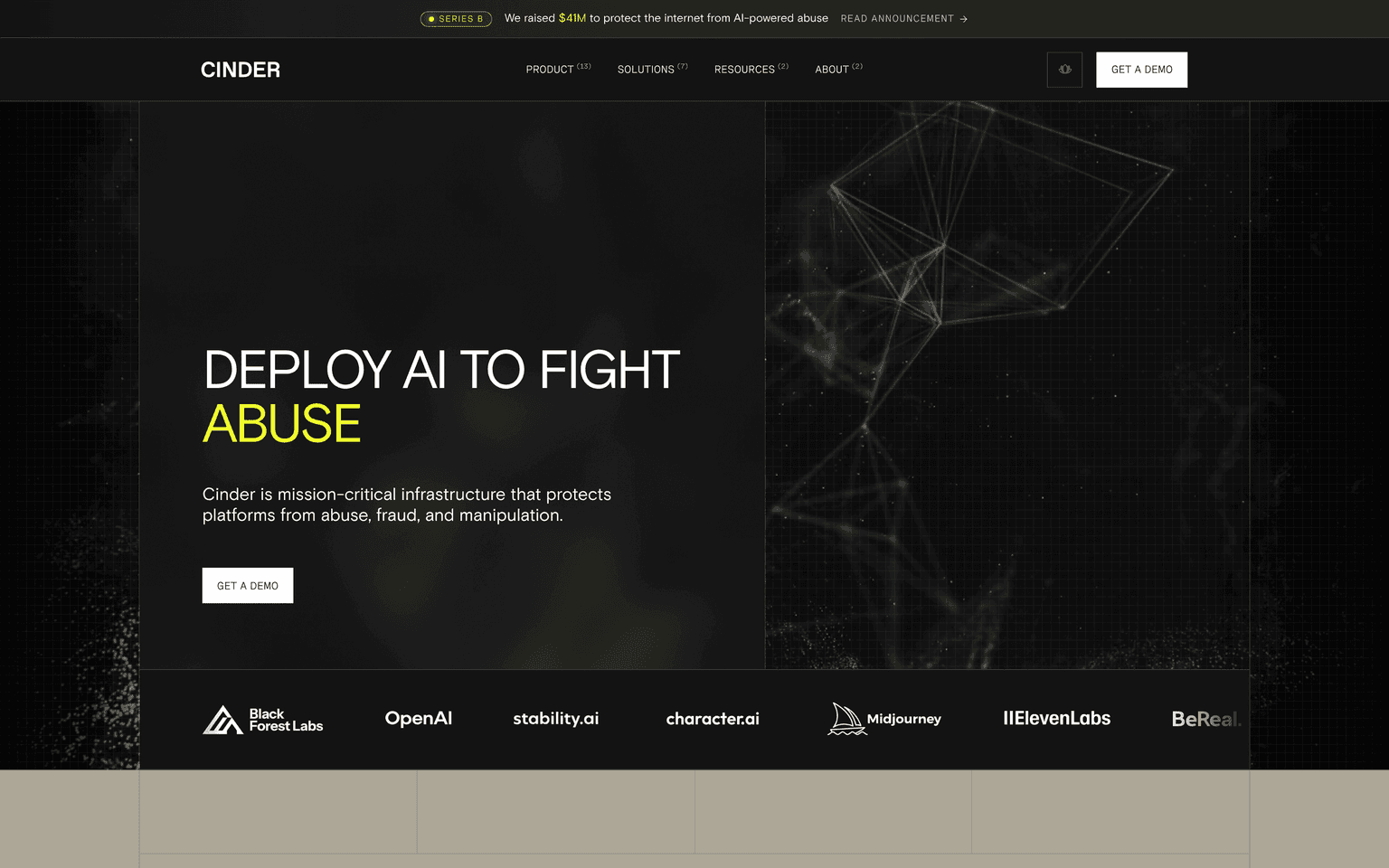 Cinder product interface dashboard screenshot homepage view