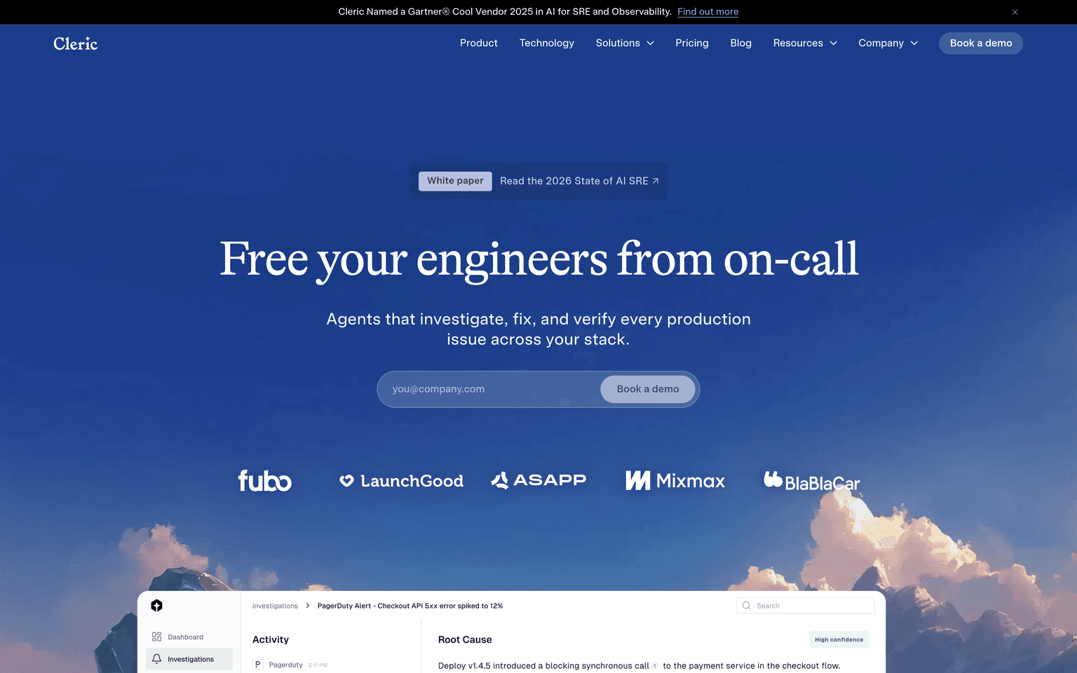 Cleric product interface dashboard screenshot homepage view
