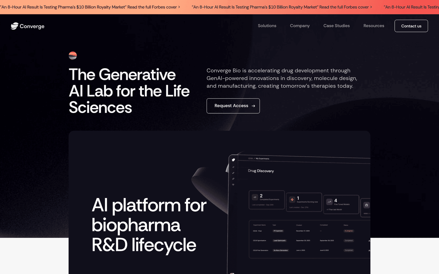 Converge Bio product interface dashboard screenshot homepage view