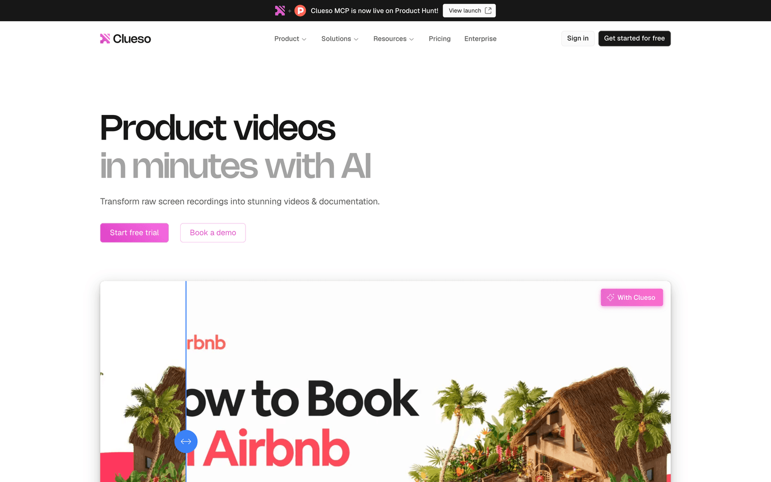 Clueso homepage showing screen recordings turned into product videos and documentation