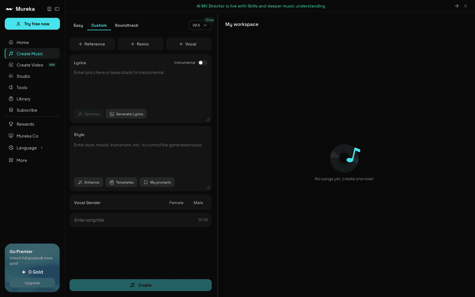 Mureka homepage showing its AI music generator creating full songs from prompts