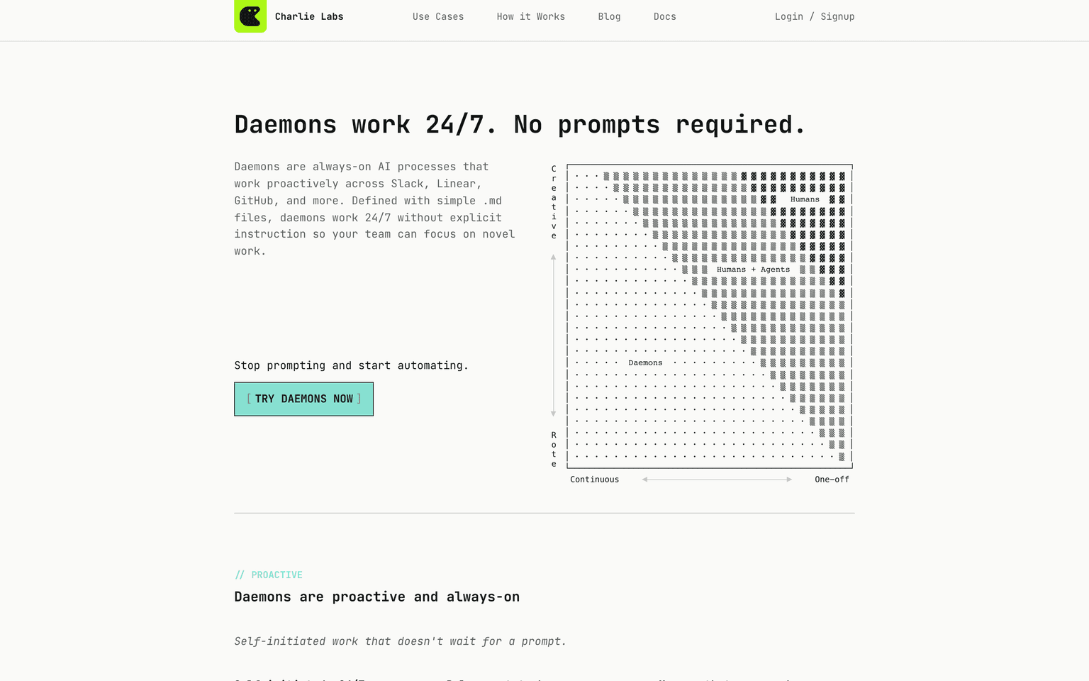 Charlie Labs homepage describing daemons that maintain repositories without prompts