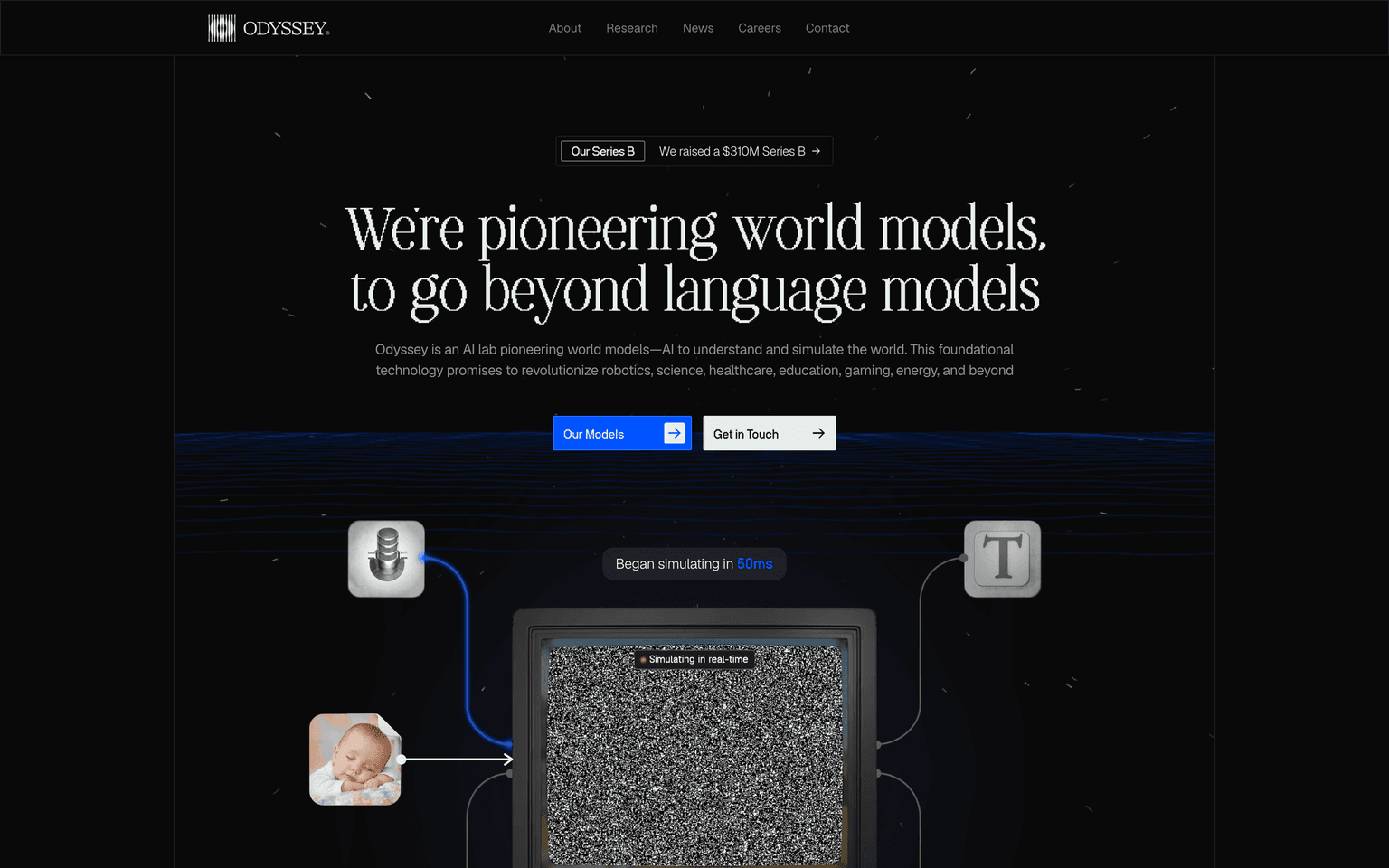 Odyssey homepage showing interactive world model simulations generated from prompts