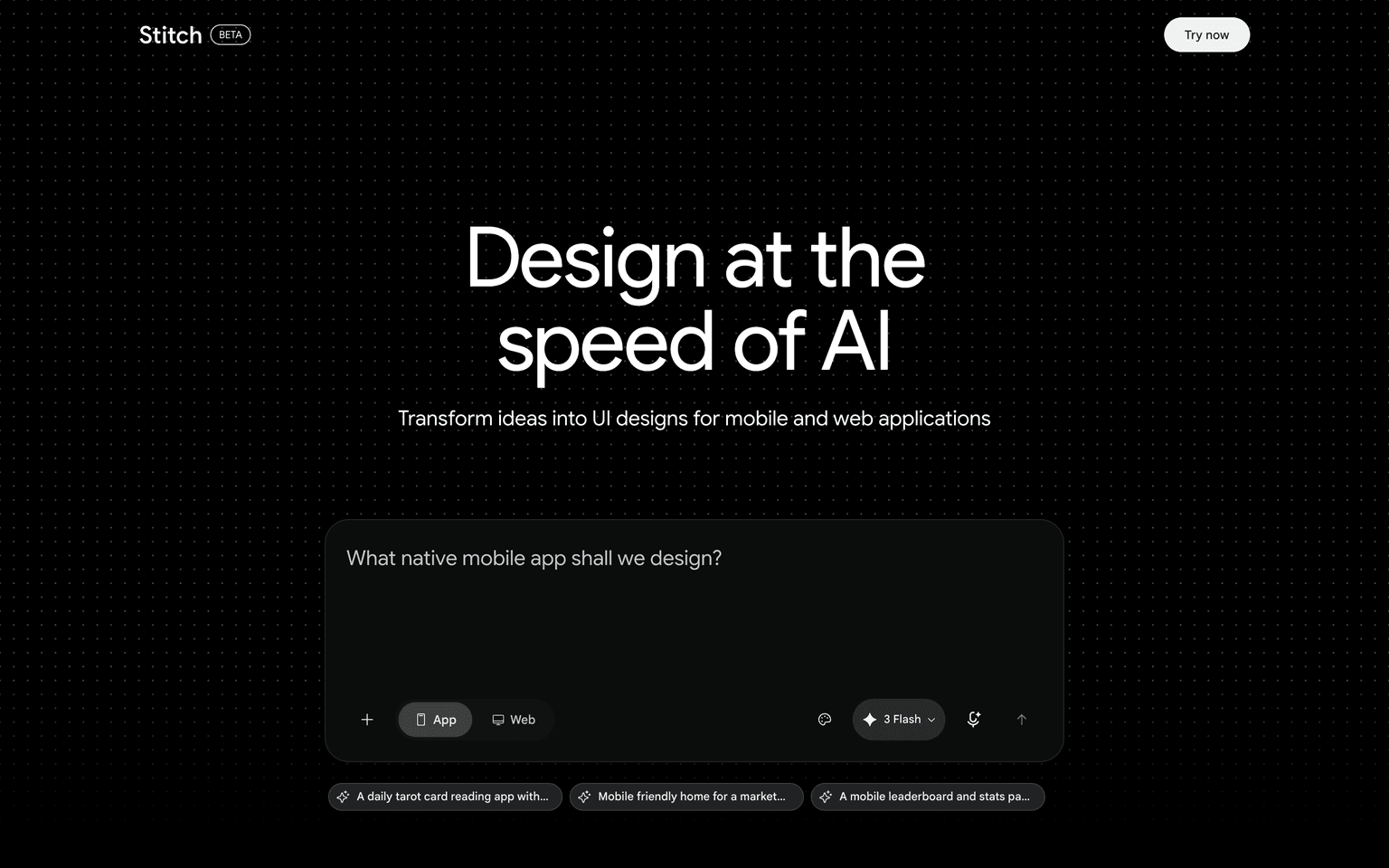 Google Stitch homepage showing the AI design canvas that turns prompts into user interfaces