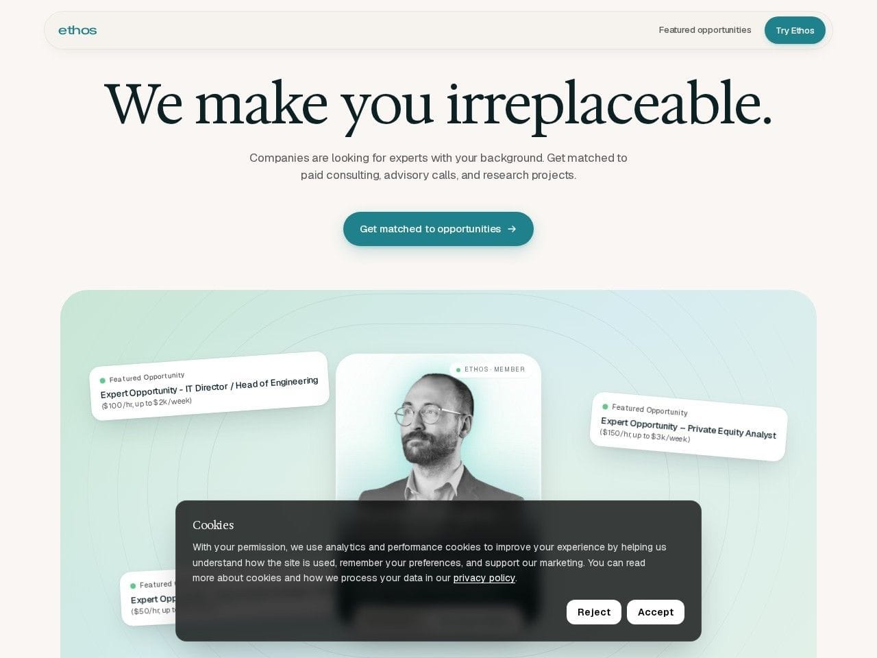 Ethos product interface dashboard screenshot homepage view