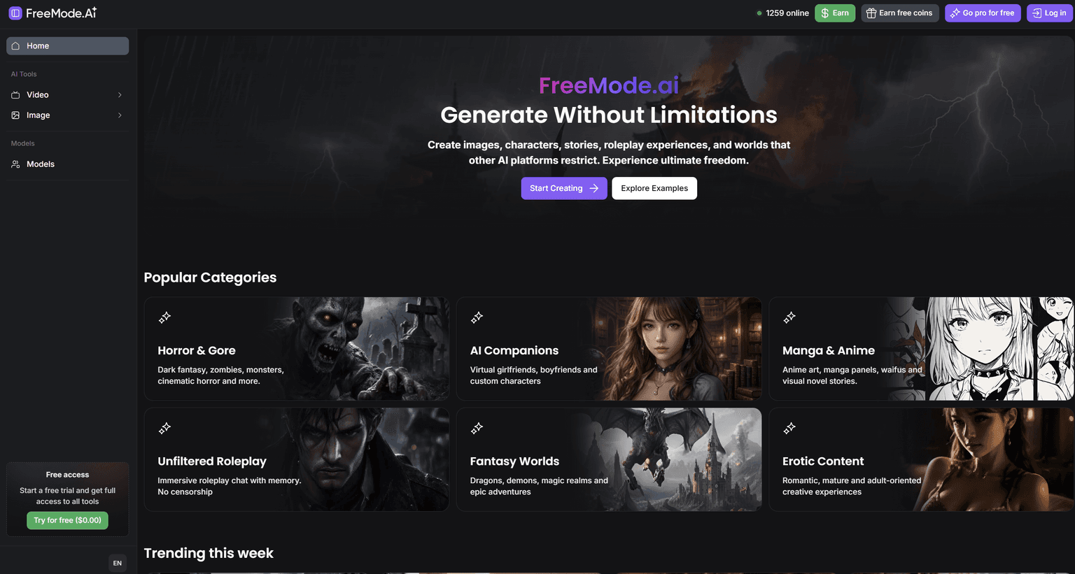 FreeMode.ai home screen listing its AI image and video generation categories