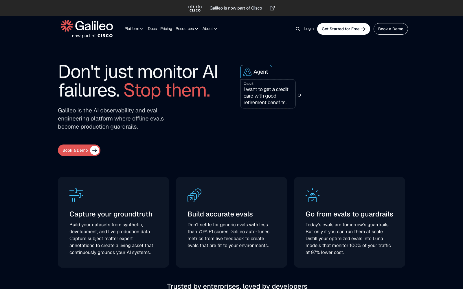 Galileo product homepage screenshot showing the interface and branding