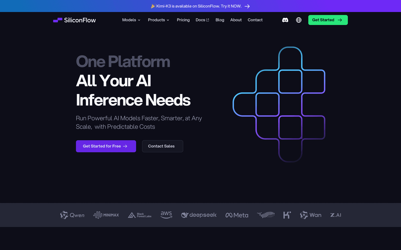 SiliconFlow homepage listing hosted open models with per token pricing