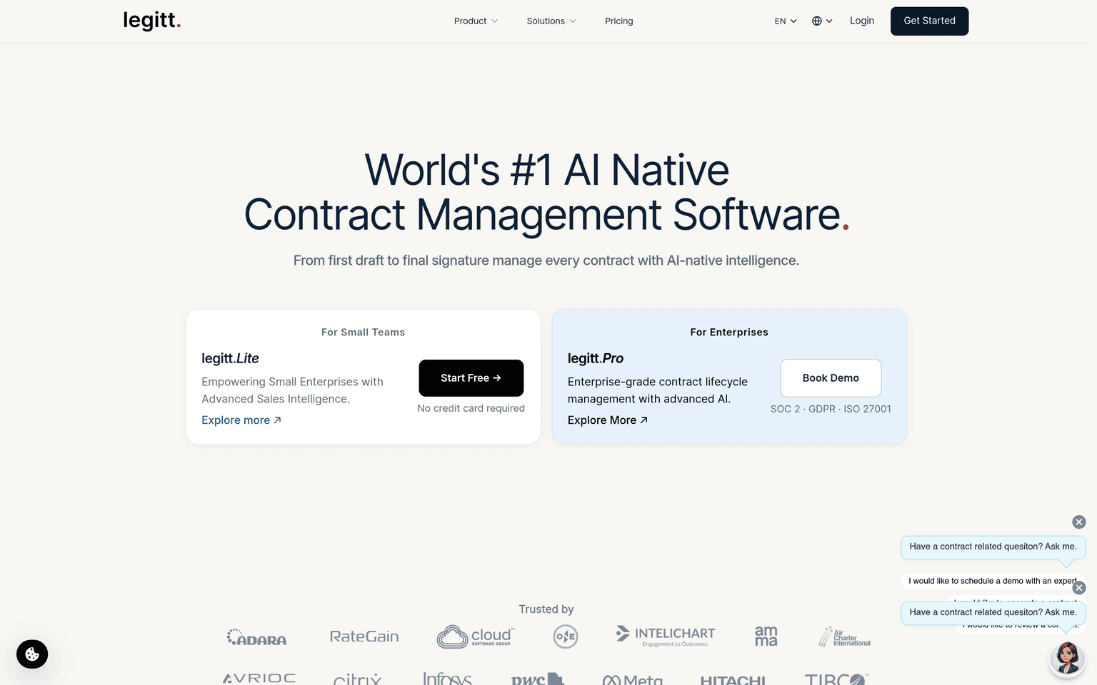 Legitt AI CLM Tools product landing page screenshot showing the main interface and primary call to action