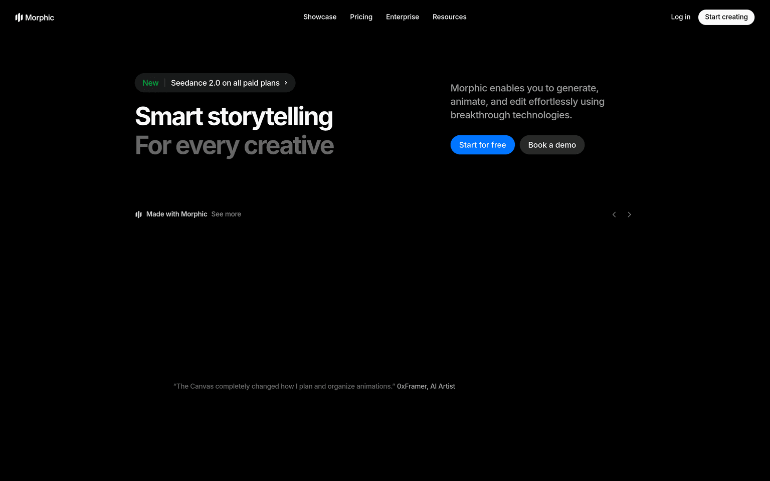 Morphic product landing page screenshot showing the main interface and primary call to action