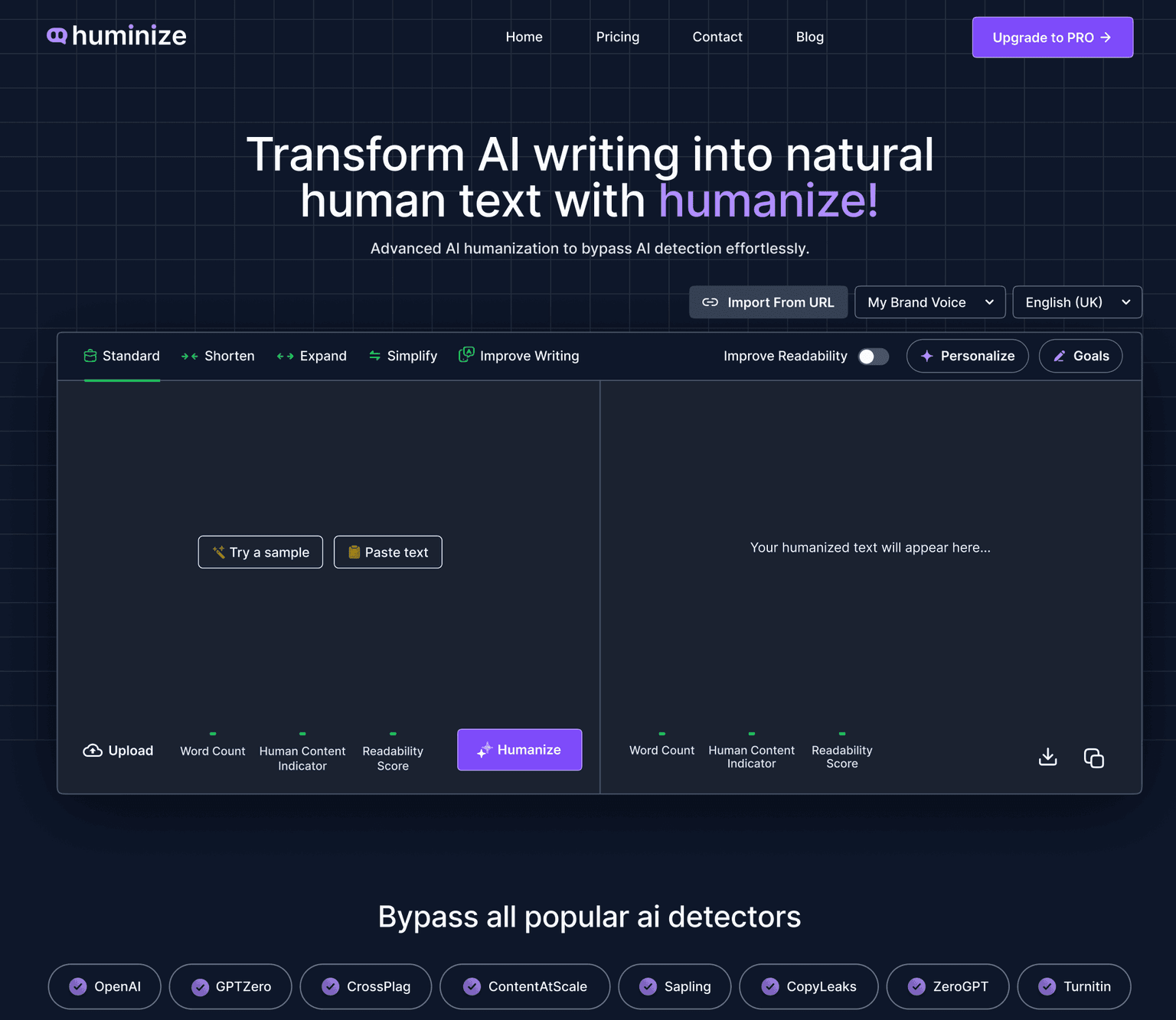 Humanize AI ai content writing tool screenshot