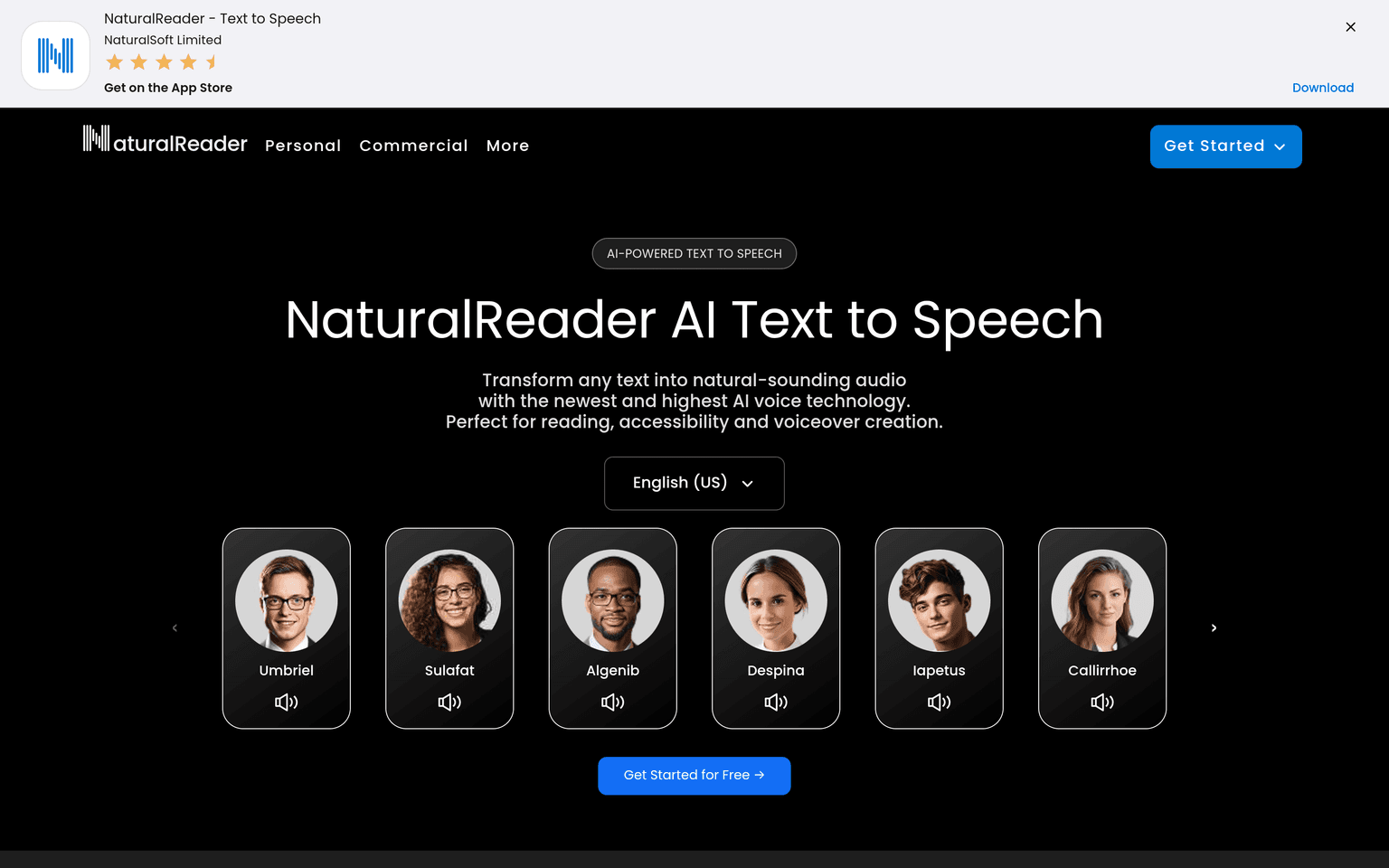 NaturalReader landing page showing document text to speech playback and AI voices