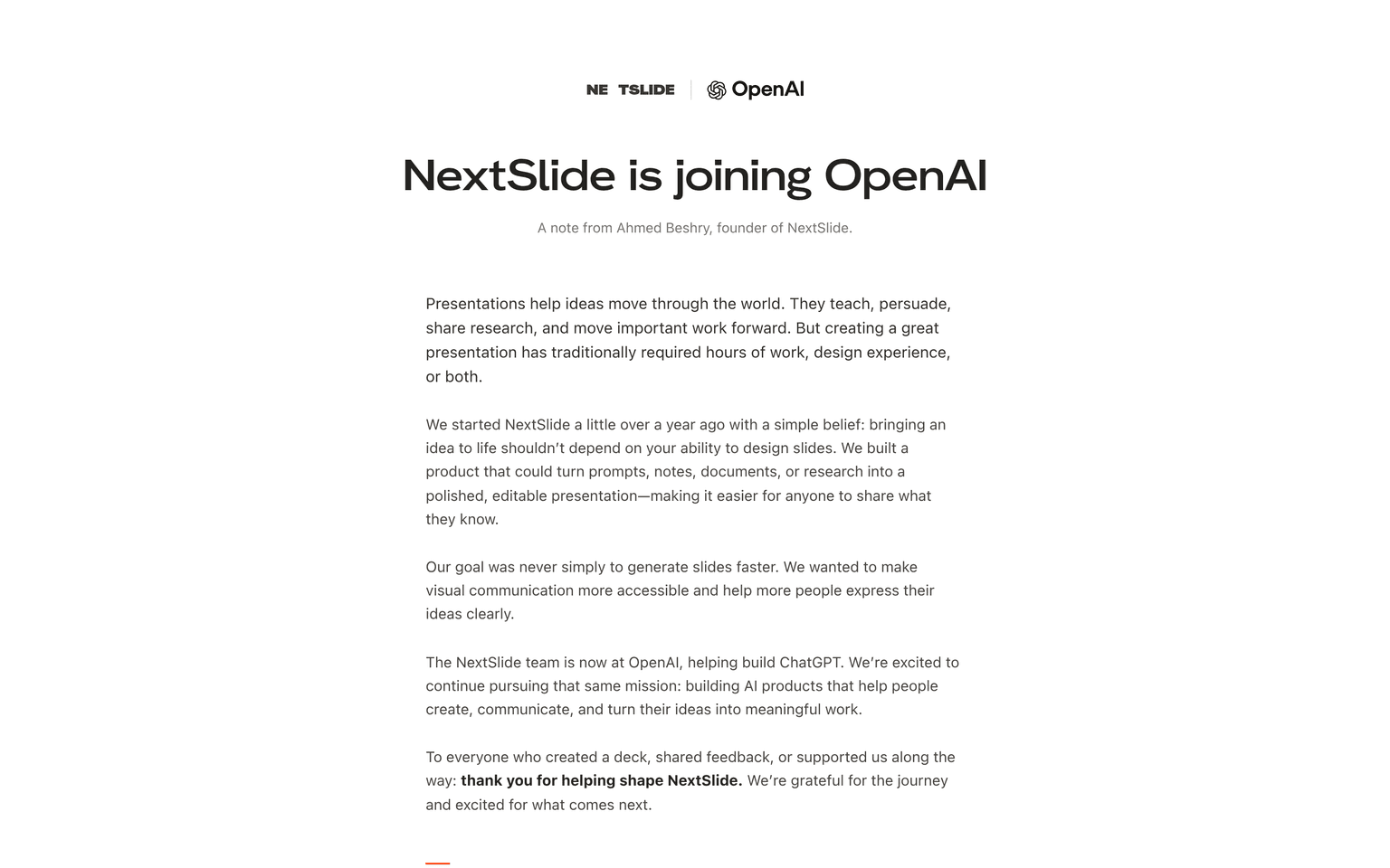 NextSlide website showing the note announcing the company is joining OpenAI