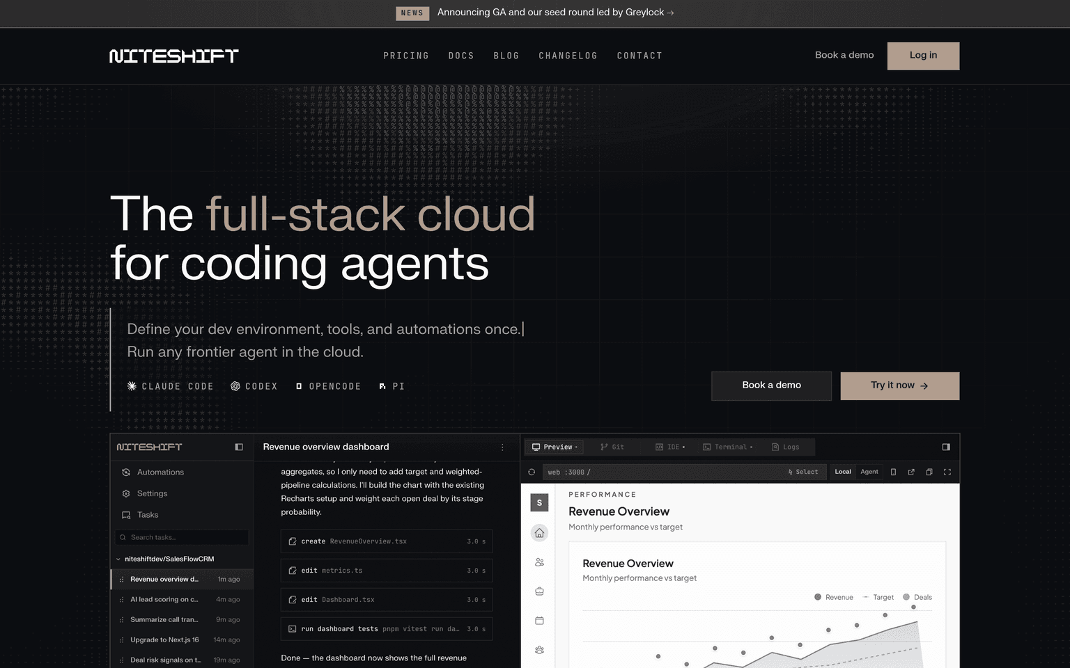 Niteshift product interface dashboard screenshot homepage view
