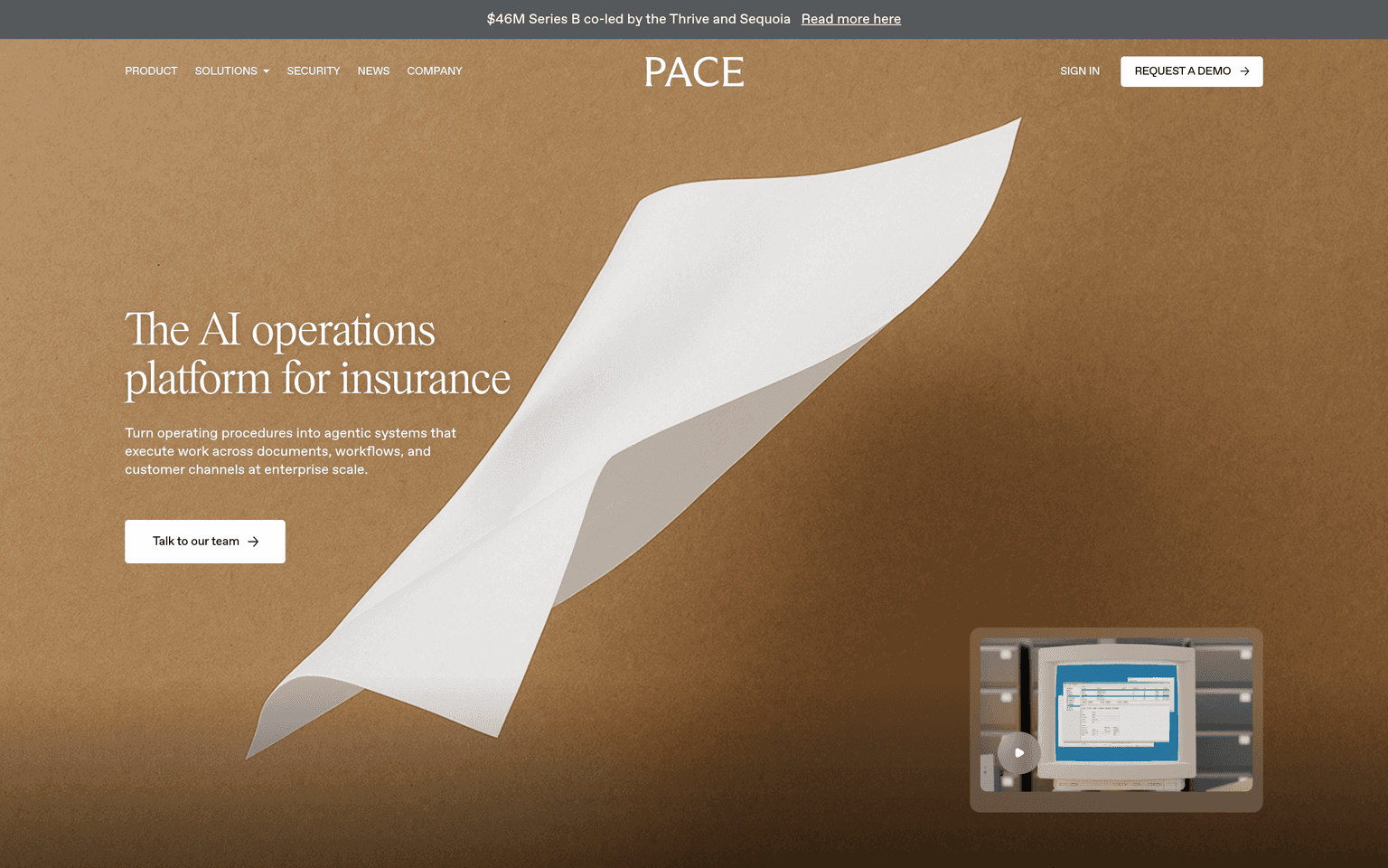 Pace product interface dashboard screenshot homepage view