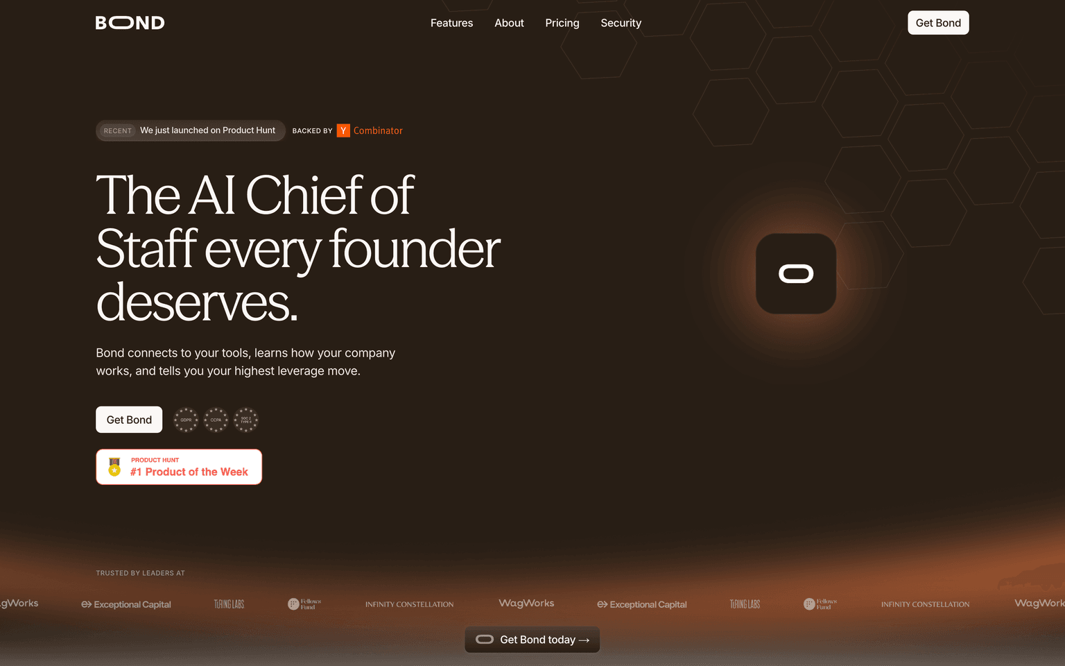 Bond landing page describing an AI chief-of-staff that prioritizes and executes tasks inside Slack