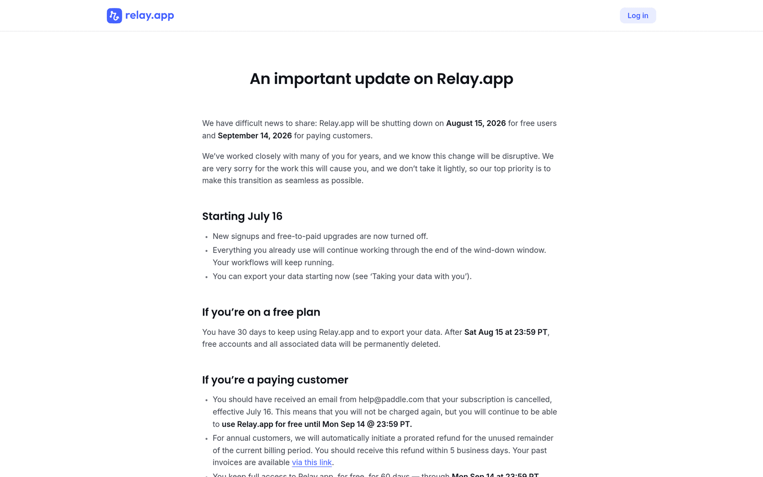 Relay.app website showing the shutdown notice published in July 2026