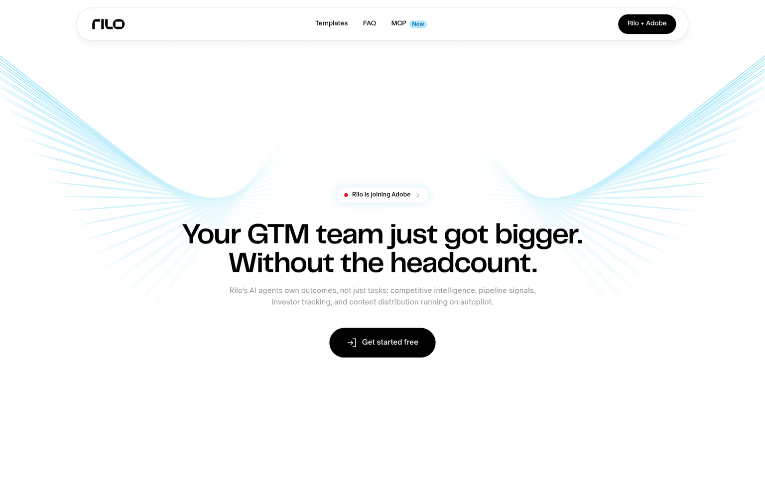 Rilo website showing AI agents for go-to-market teams and the Adobe banner