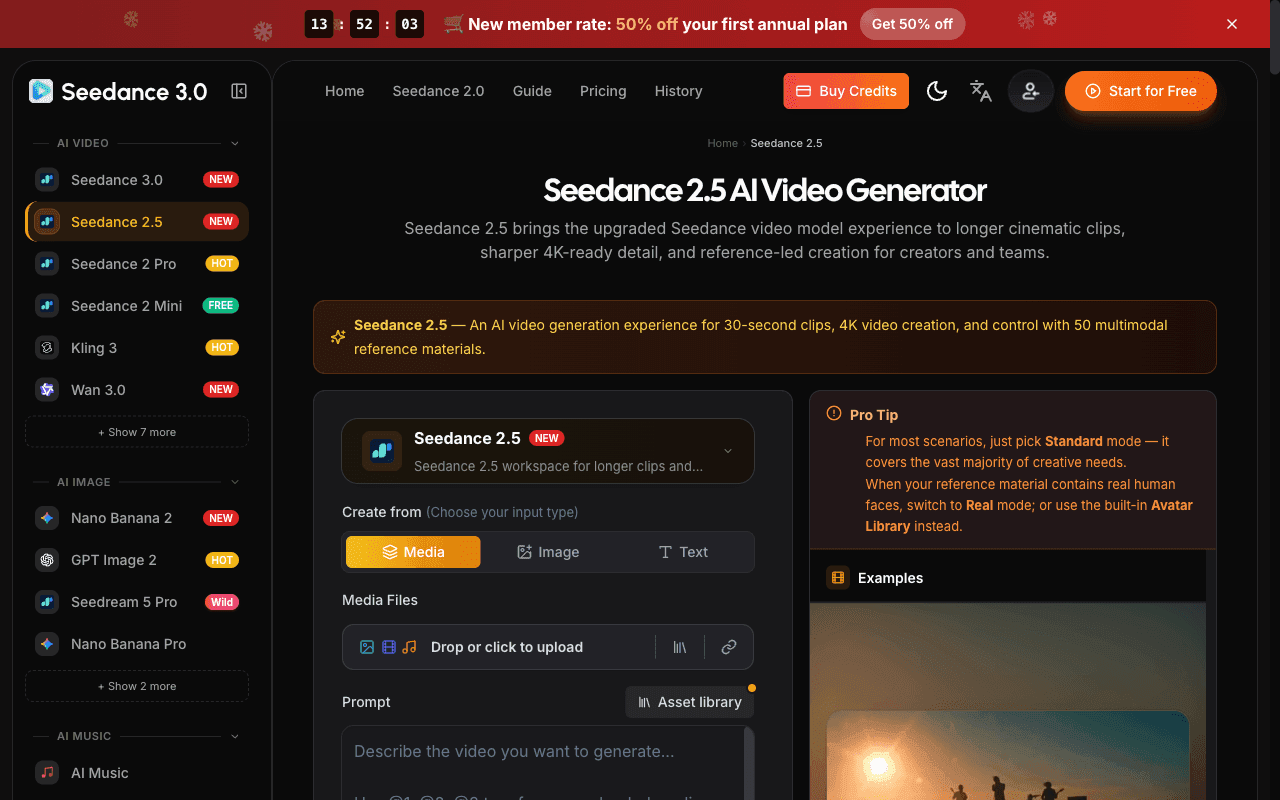 Seedance 3.0 interface for generating cinematic AI video from multi-modal image, audio, and text references