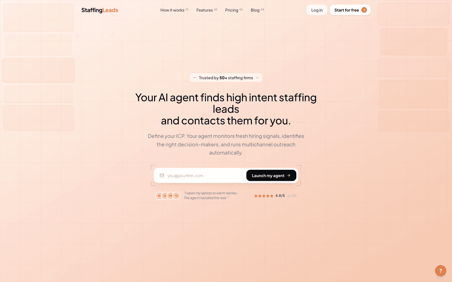 Staffing Leads landing page describing an AI agent that finds staffing leads and runs outreach