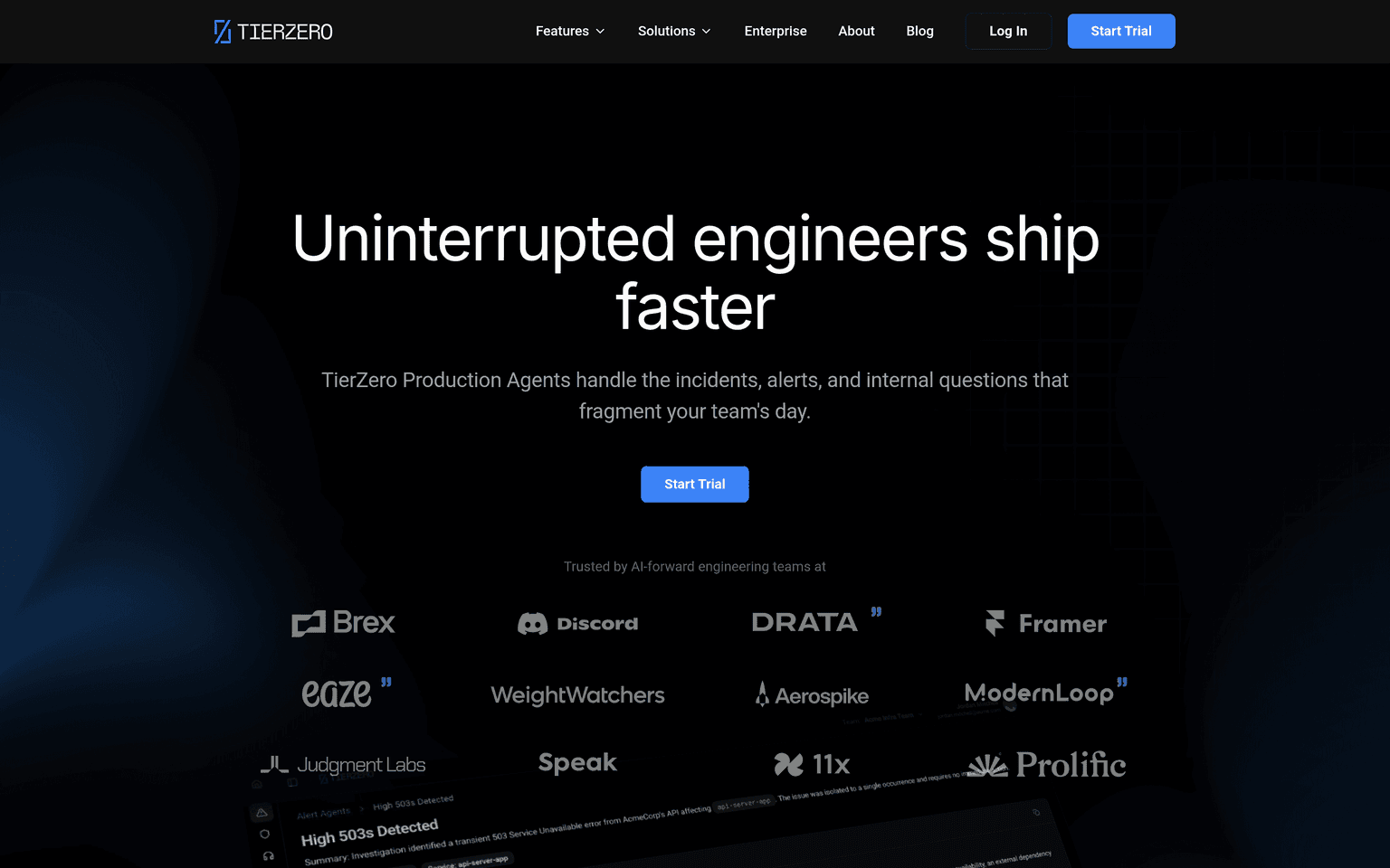 TierZero landing page describing AI production agents for engineering operations