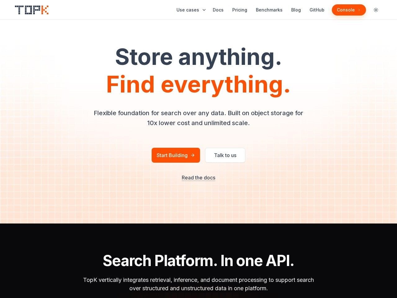 TopK product interface dashboard screenshot homepage view