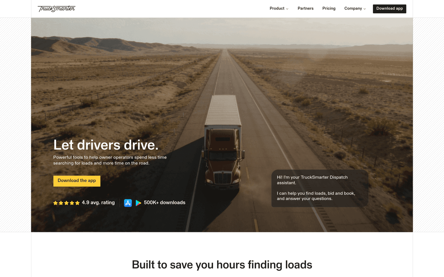 TruckSmarter website showing the free load board and AI Dispatch products