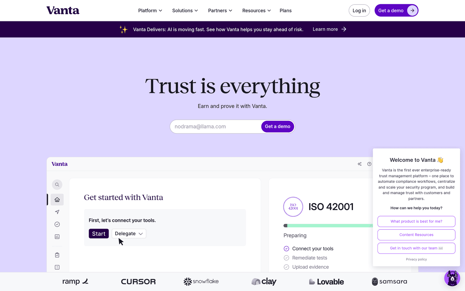Vanta product interface dashboard screenshot homepage view