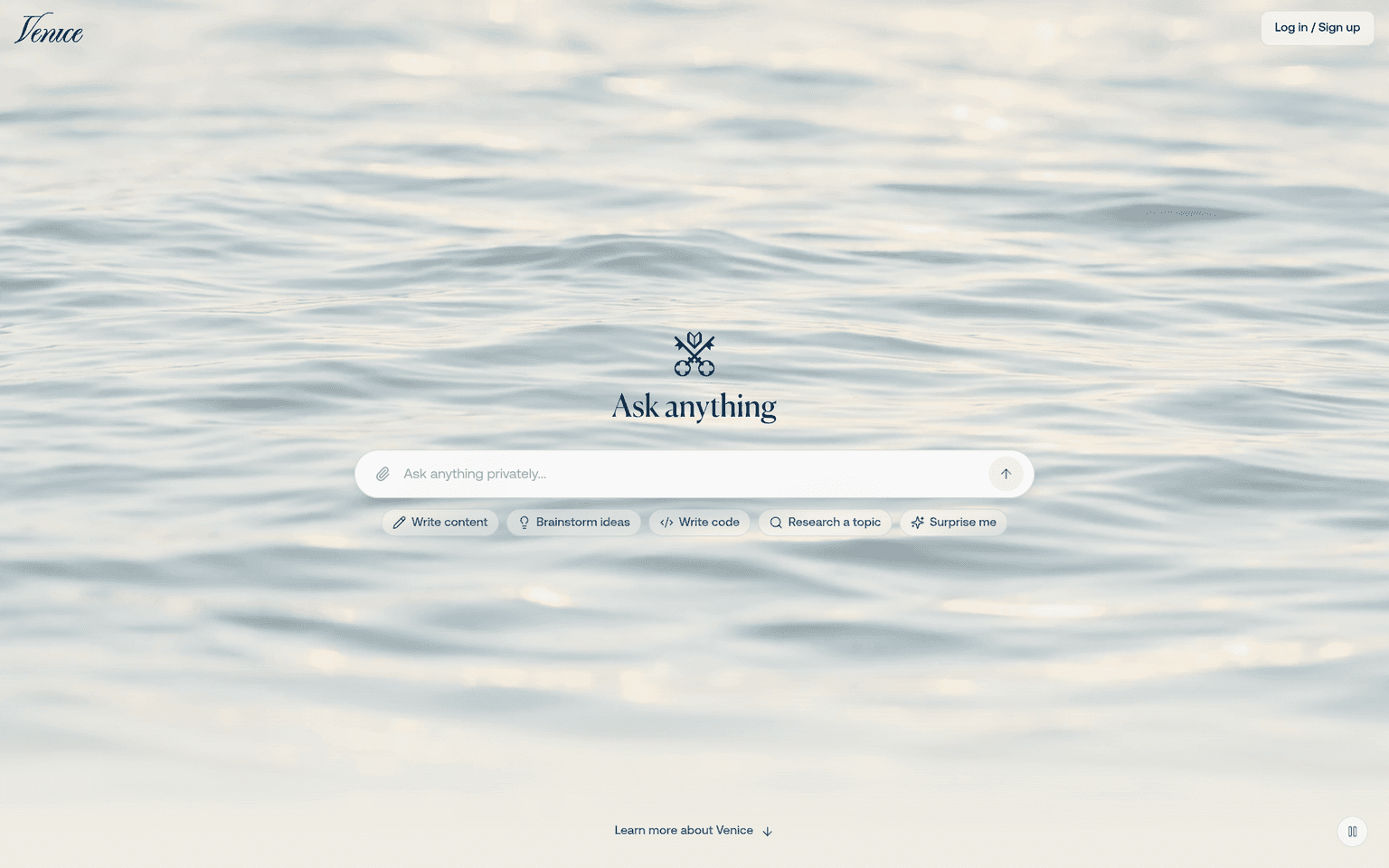 Venice AI product interface dashboard screenshot homepage view