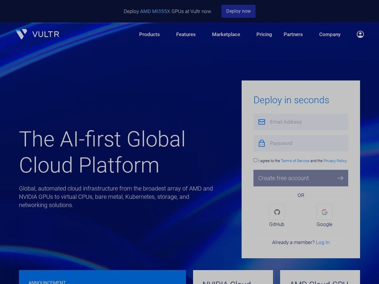 Vultr product interface dashboard screenshot homepage view