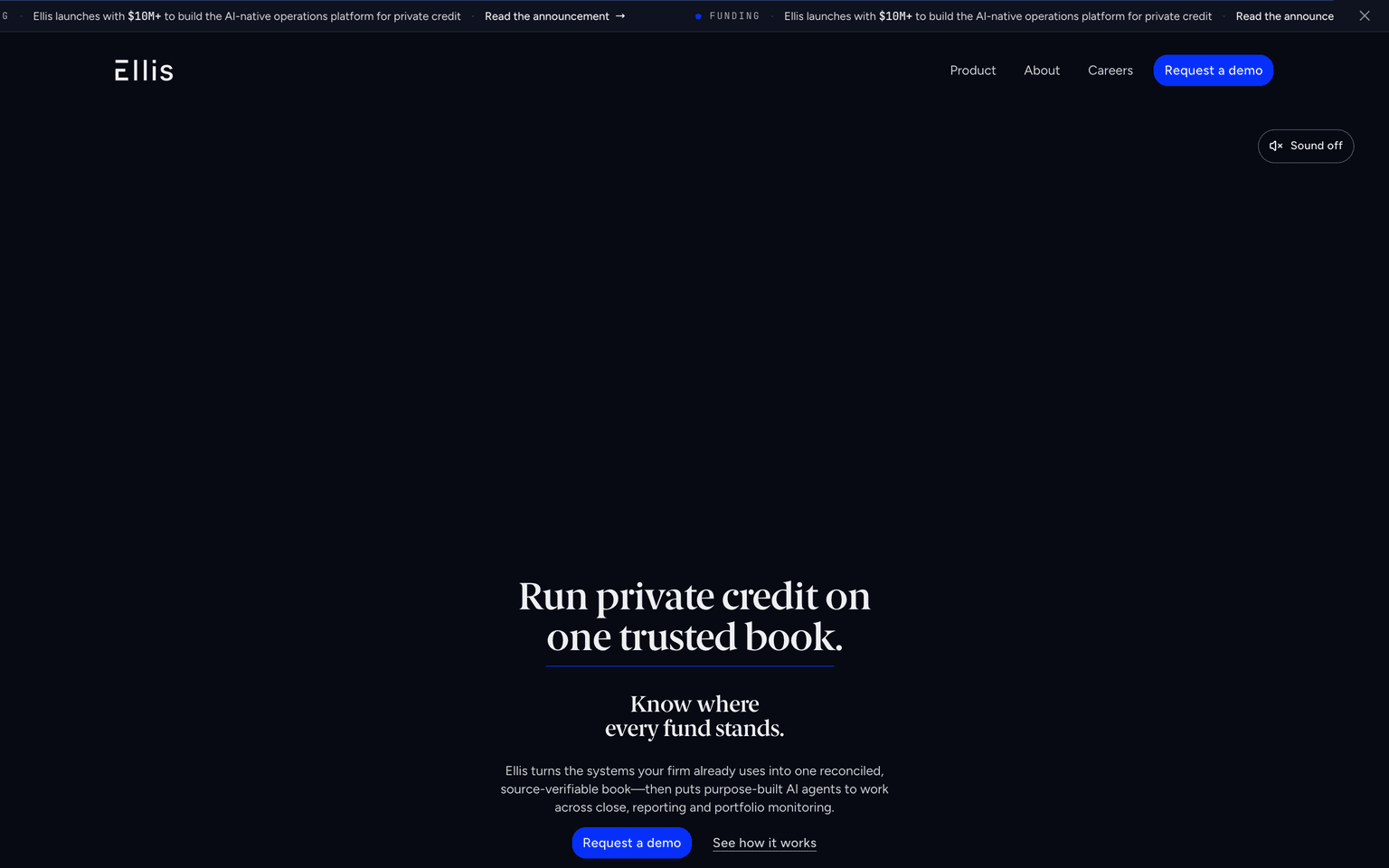 Ellis landing page describing an AI-native operations platform that reconciles private credit fund data