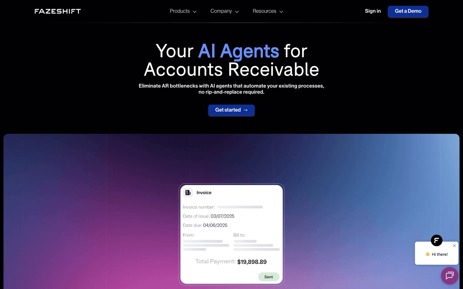 Fazeshift landing page describing AI agents that automate accounts receivable on top of existing ERPs