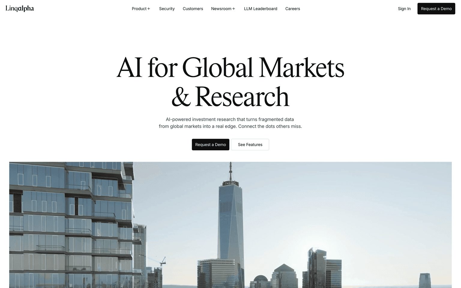 LinqAlpha landing page describing AI research agents analyzing filings and transcripts for hedge funds