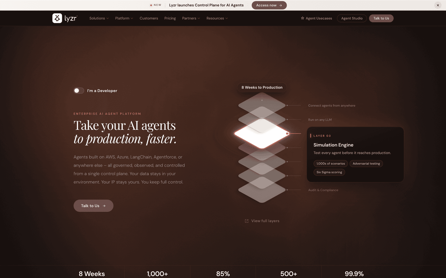 Lyzr landing page describing a control plane to build, govern, and deploy production AI agents