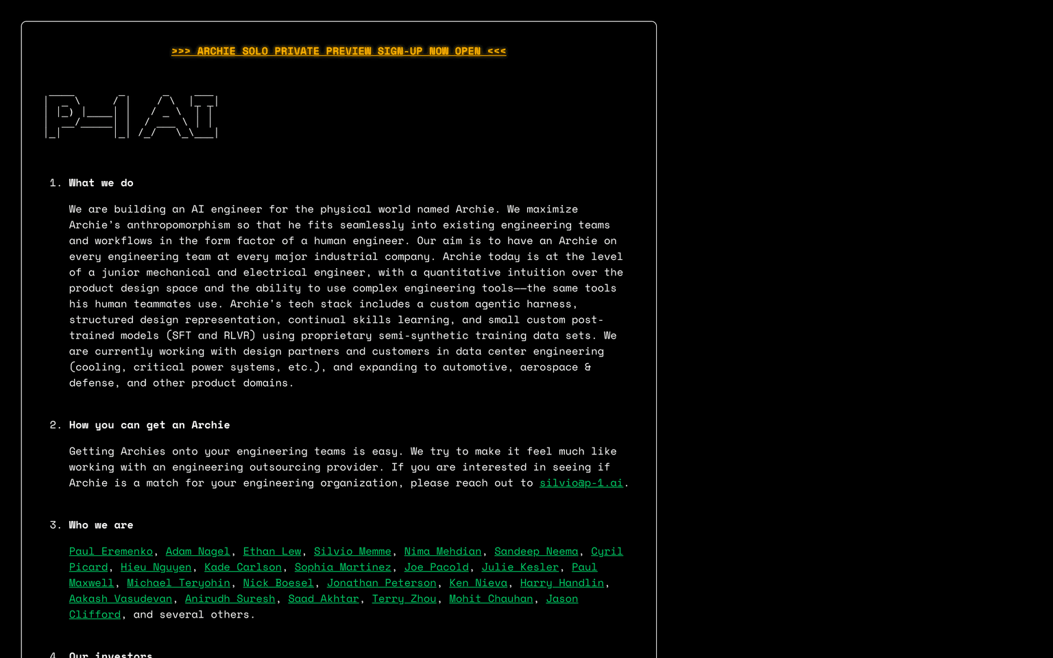 P-1 AI landing page introducing Archie, an agentic AI engineer for physical hardware design work